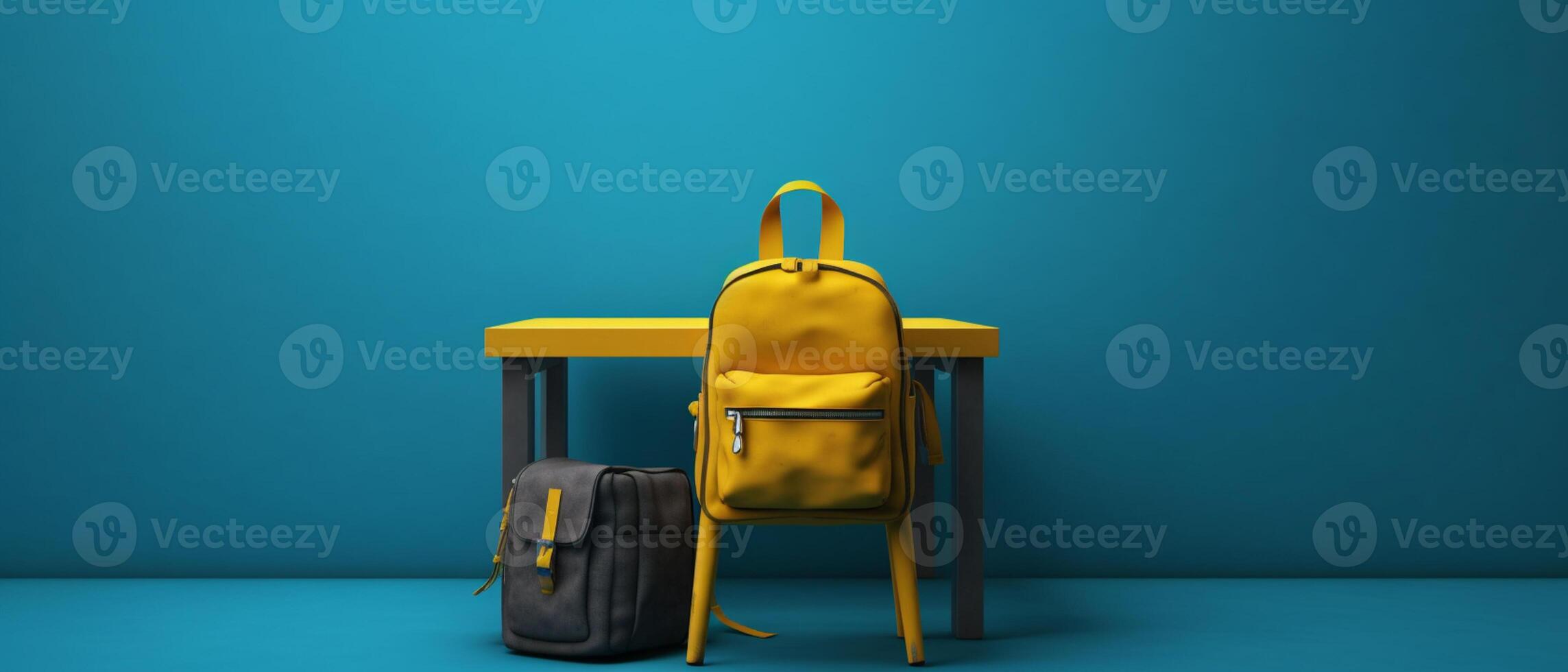 Table with chair and school bag in bright style with photo