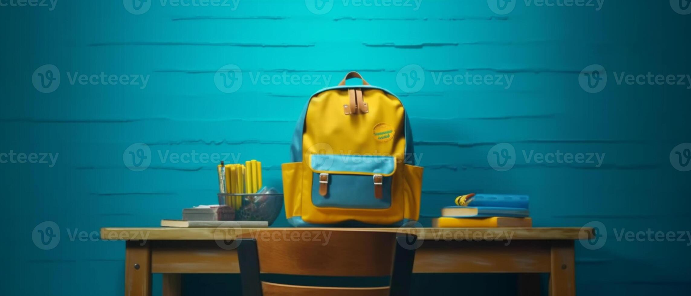 Table with chair and school bag in bright style with photo