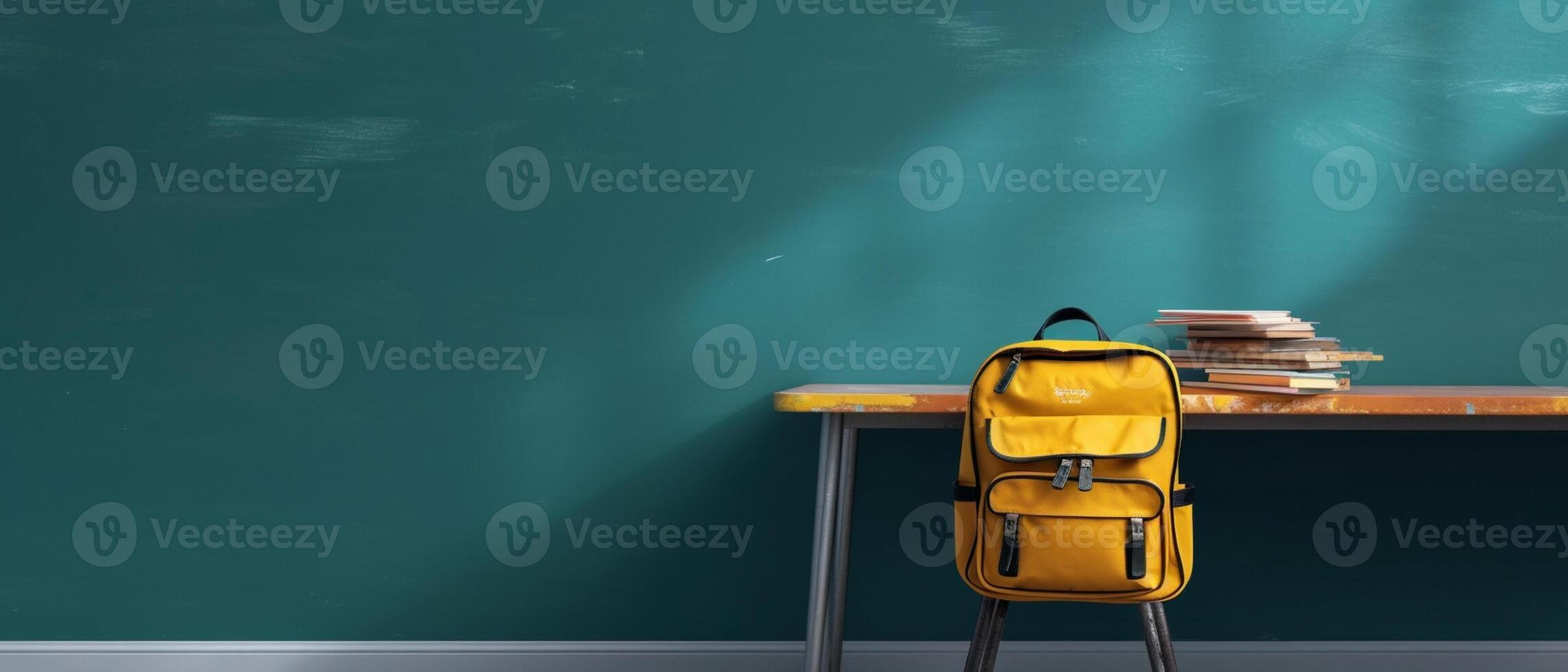 Table with chair and school bag in bright style with photo