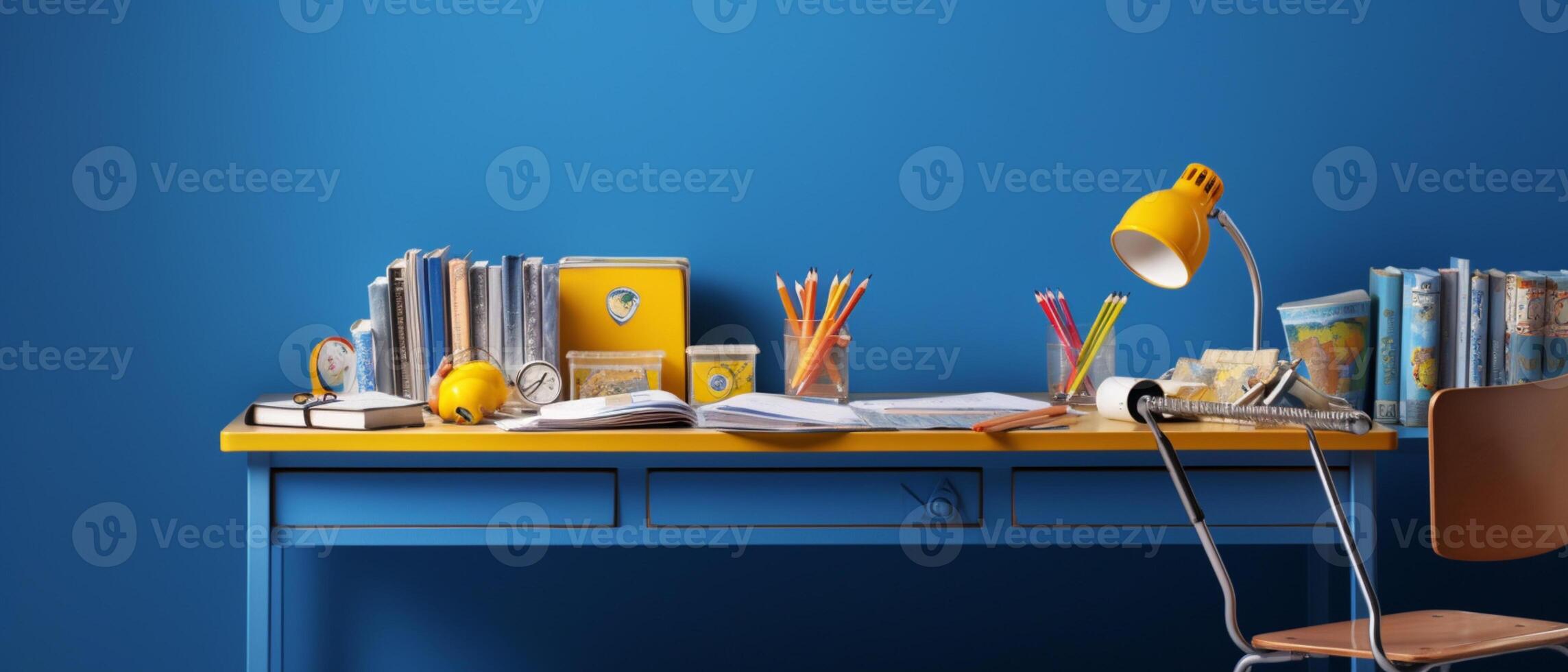 Table with chair and school bag in bright style with photo