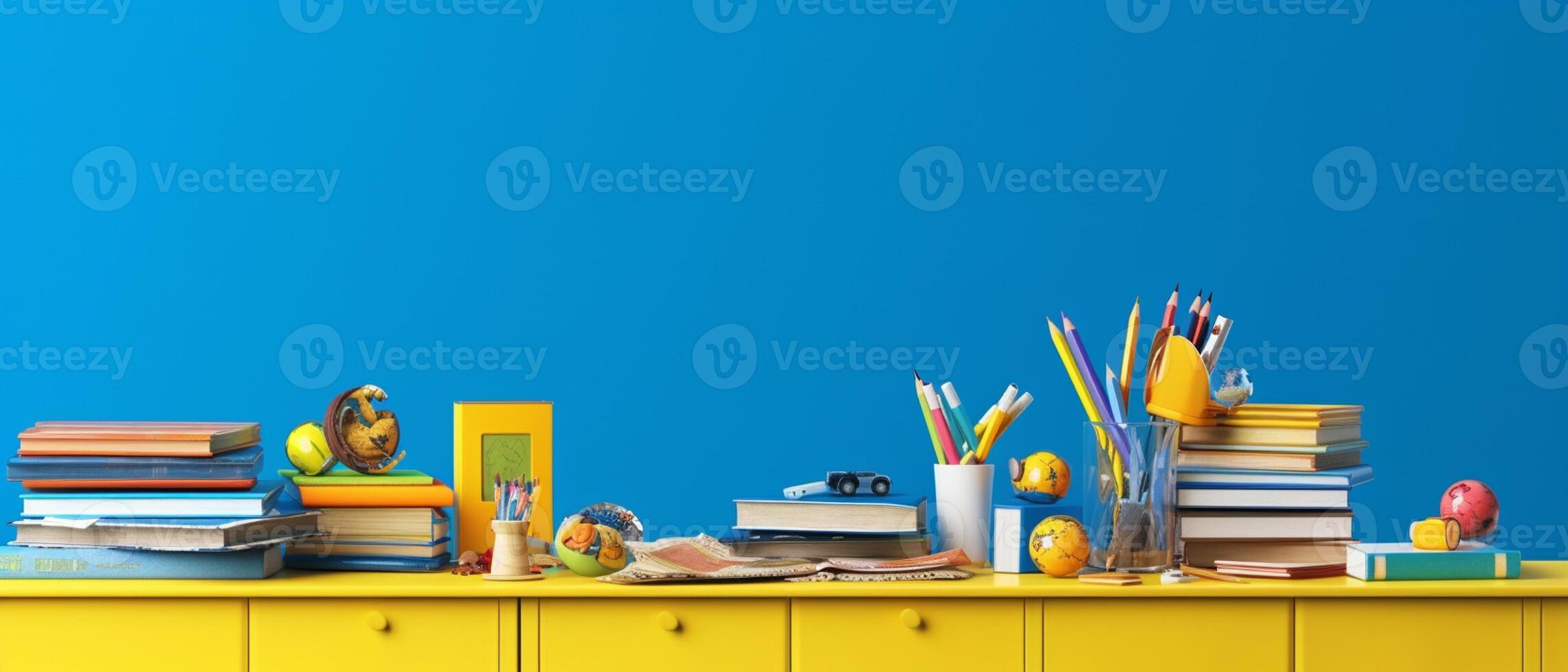 Table with chair and school bag in bright style with photo