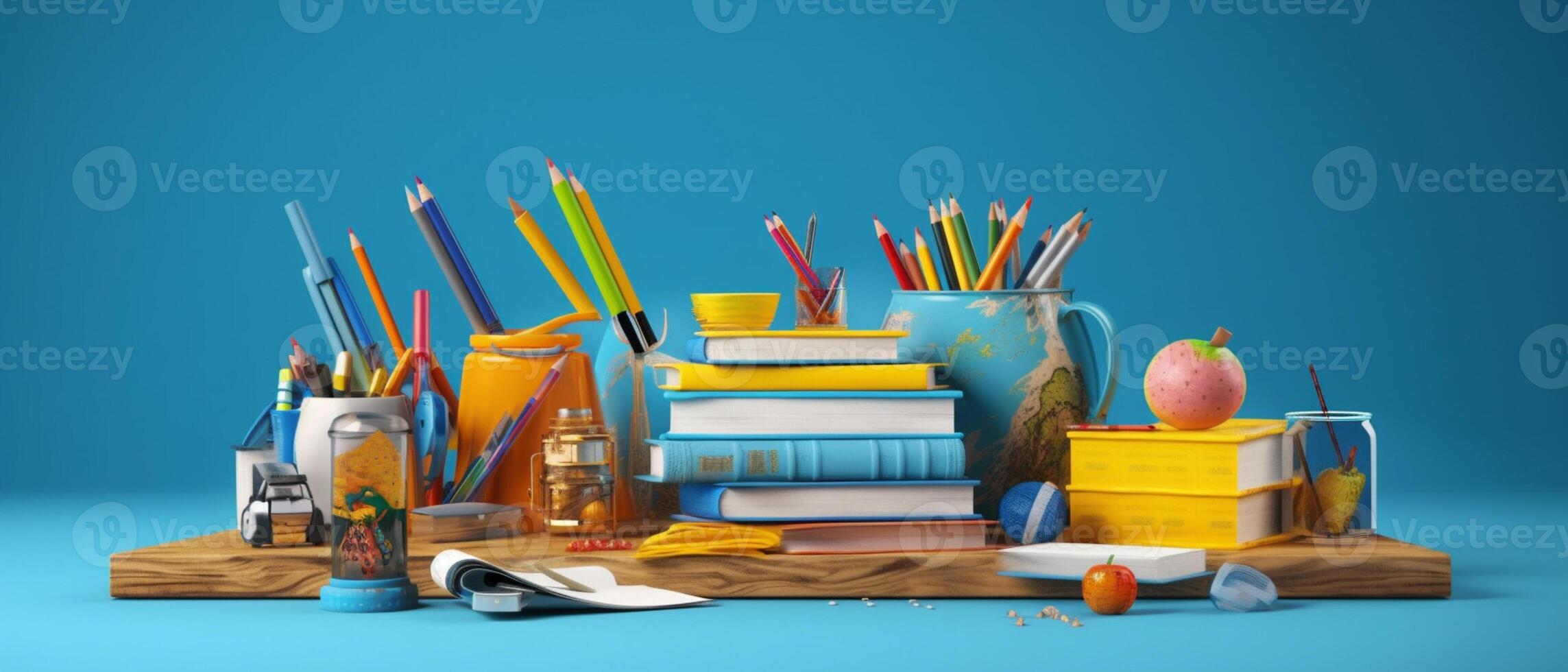 Table with chair and school bag in bright style with photo
