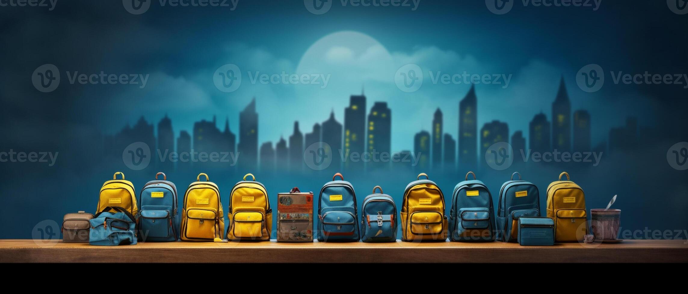 Table with chair and school bag in bright style with photo