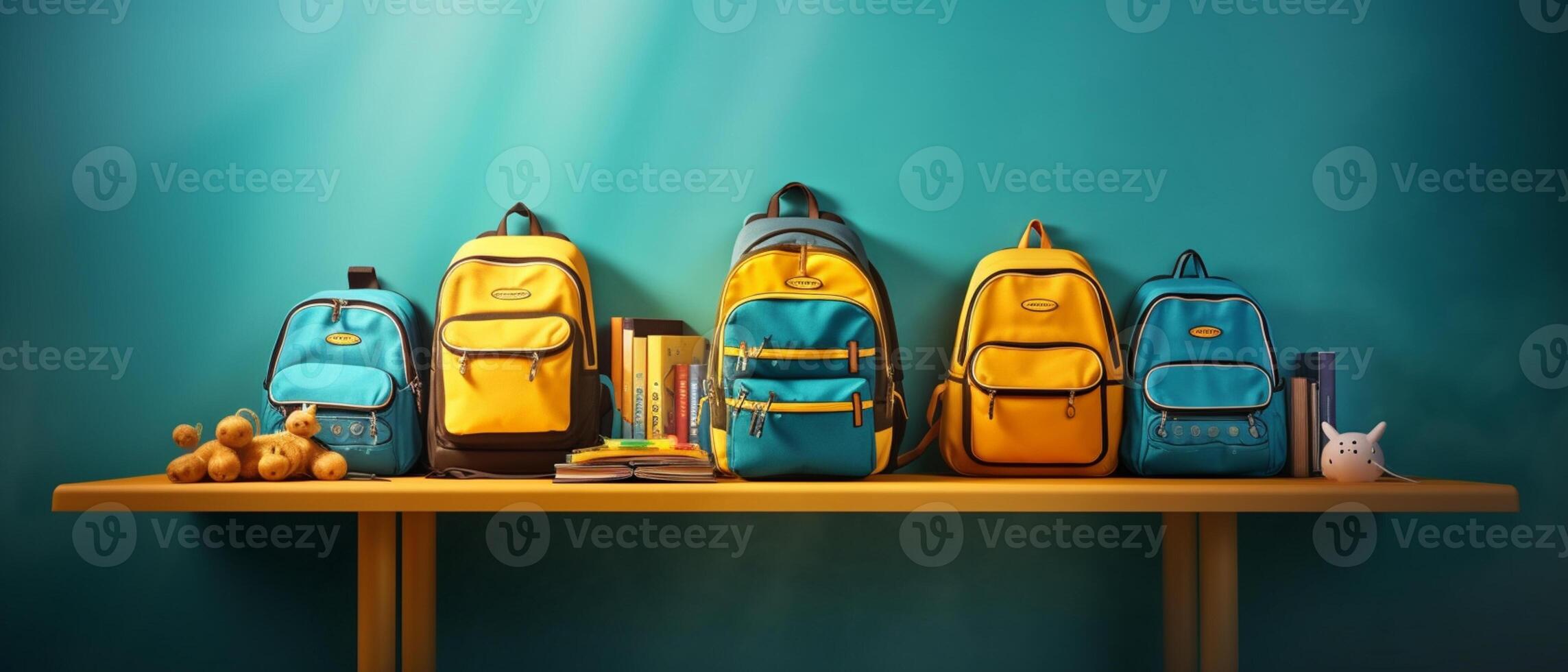 Table with chair and school bag in bright style with photo