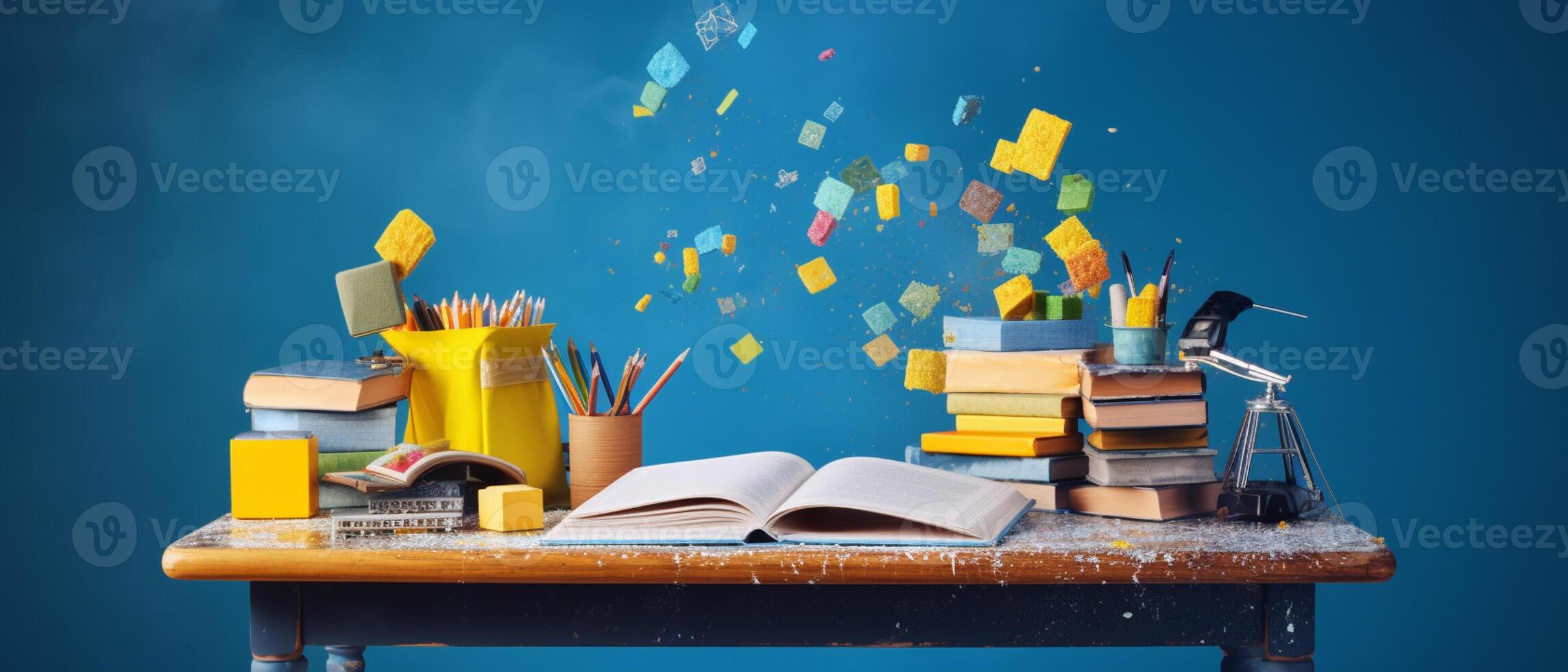 Table with chair and school bag in bright style with photo