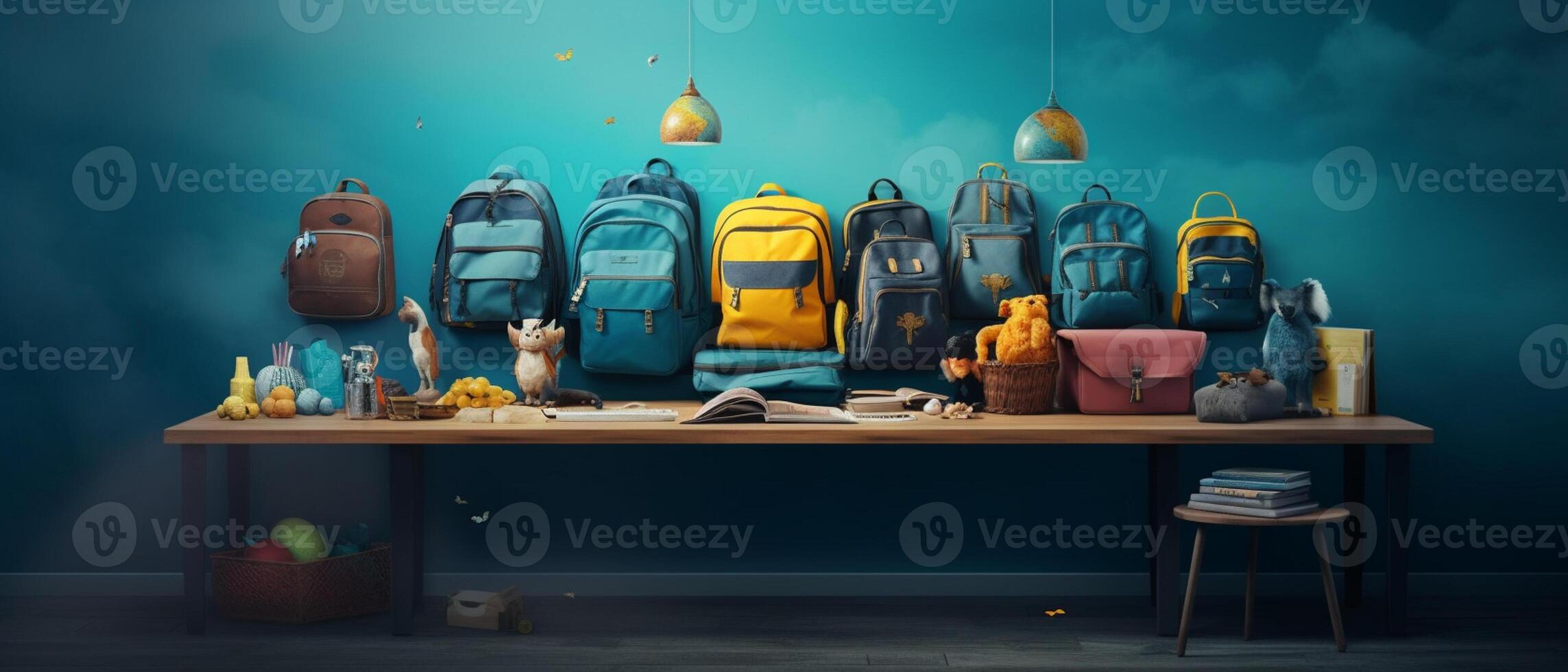 Table with chair and school bag in bright style with photo
