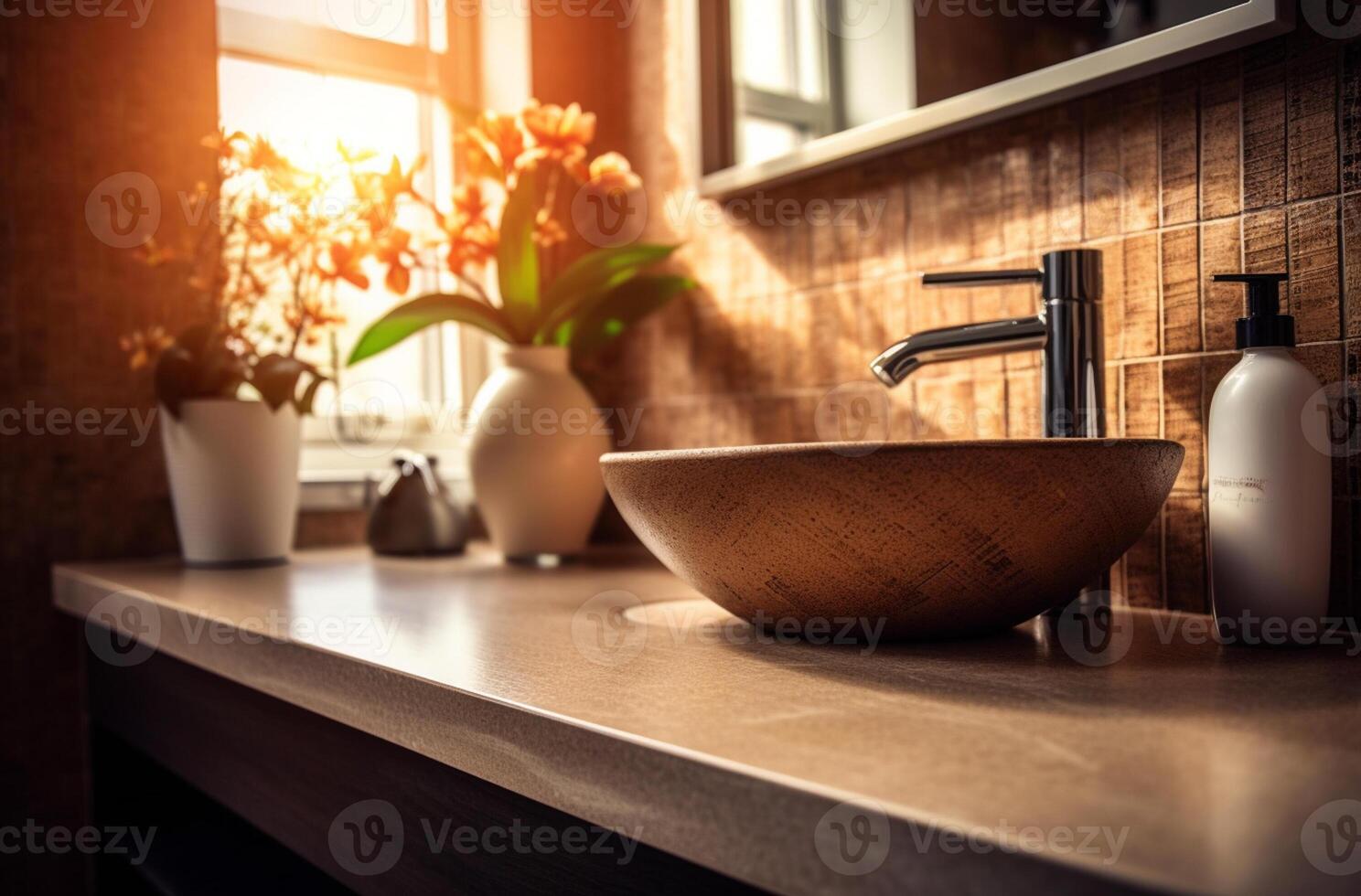 Washbasin and bathroom in white modern style with photo