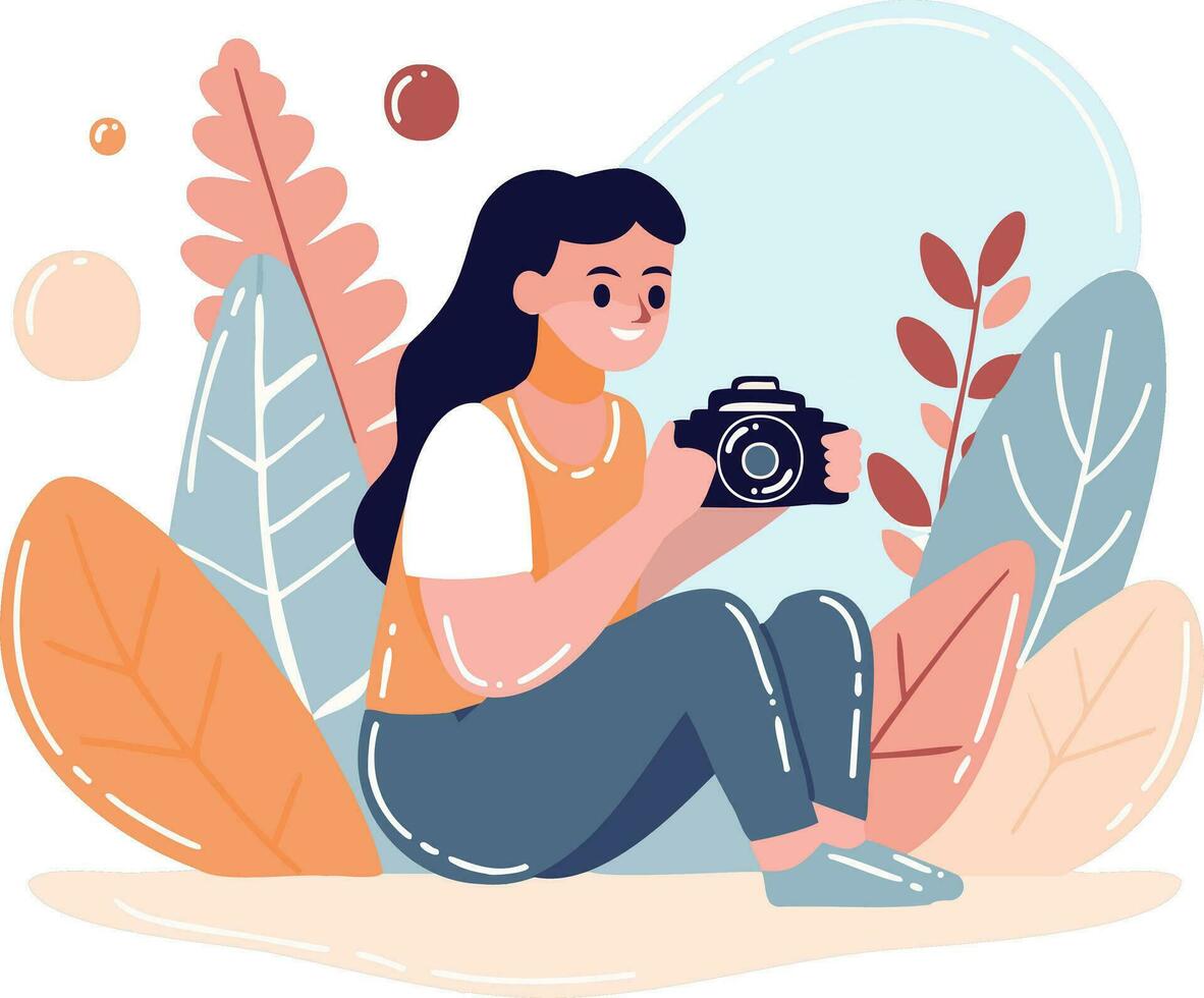 Hand Drawn Female cameraman with a camera in flat style vector