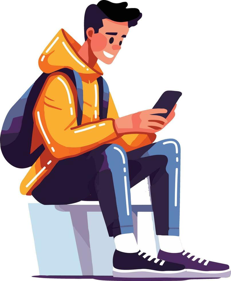 Hand Drawn boy sitting on mobile phone in flat style vector