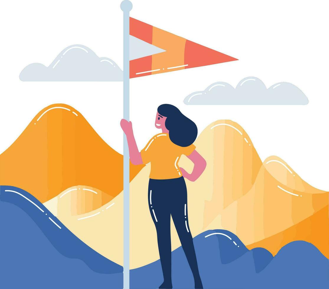 mano dibujado mujer de negocios con bandera en parte superior de montaña en plano estilo vector