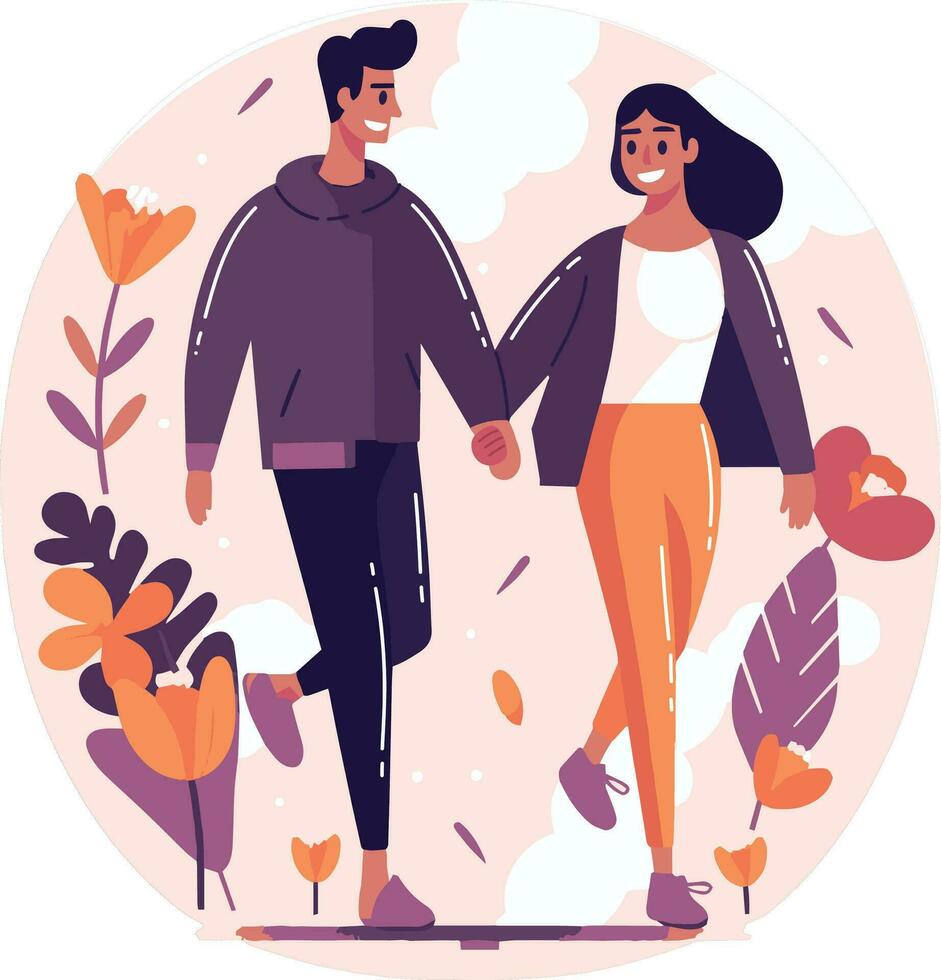 mano dibujado Pareja caminando participación manos en plano estilo vector