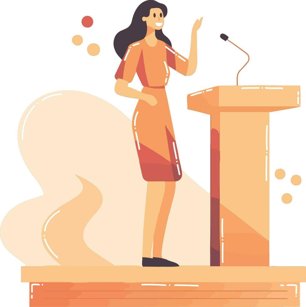 Hand Drawn Businesswoman speaking on the podium in flat style vector