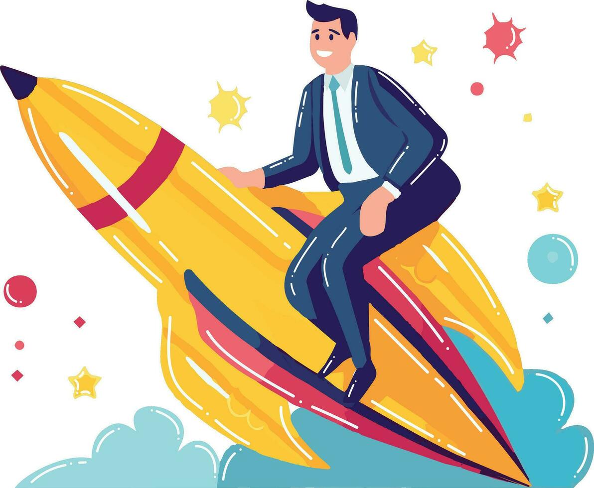 Hand Drawn Businessman with a rocket in flat style vector