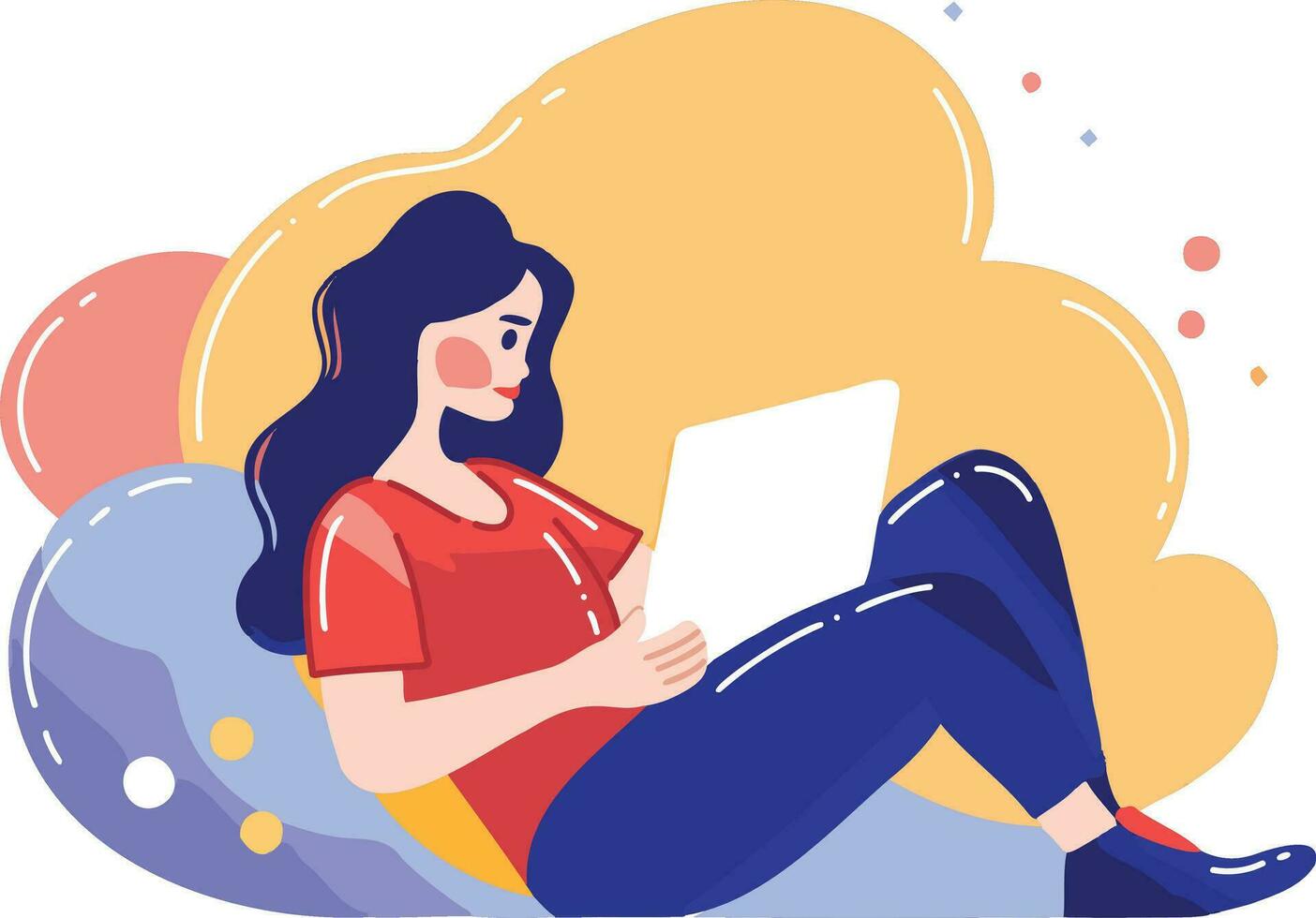Hand Drawn girl sitting and working with laptop in flat style vector
