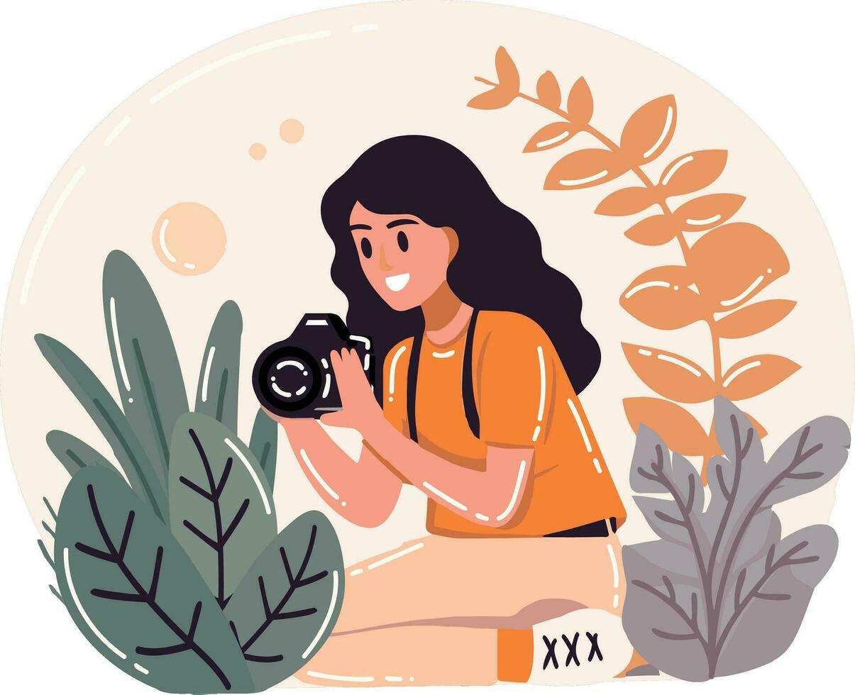 Hand Drawn Female cameraman with a camera in flat style vector