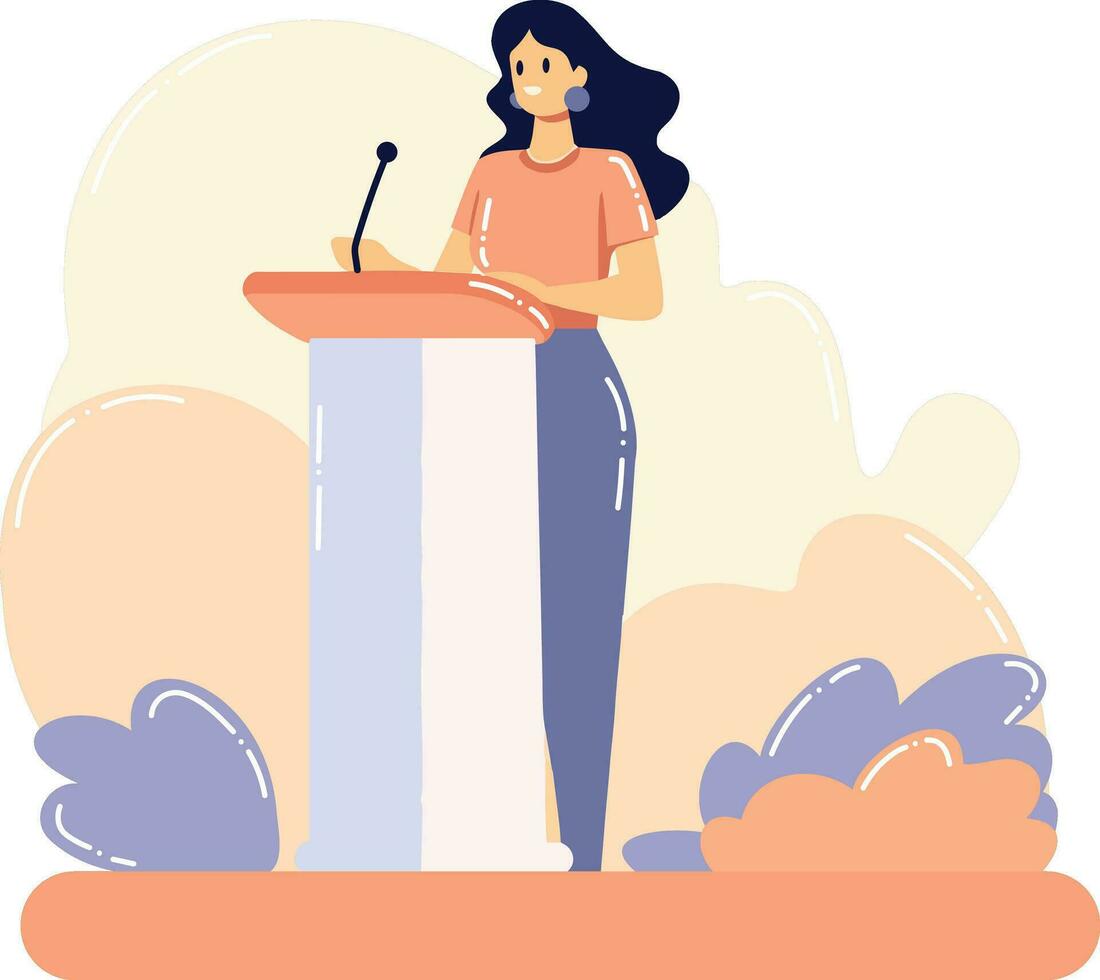 Hand Drawn Businesswoman speaking on the podium in flat style vector