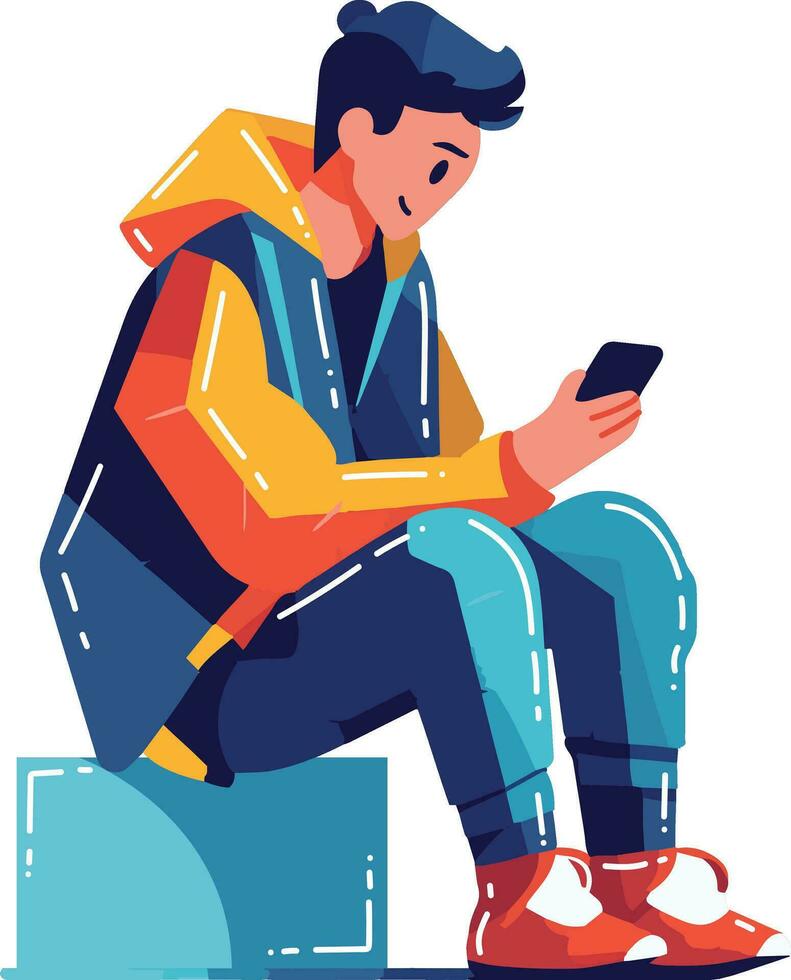 Hand Drawn boy sitting on mobile phone in flat style vector