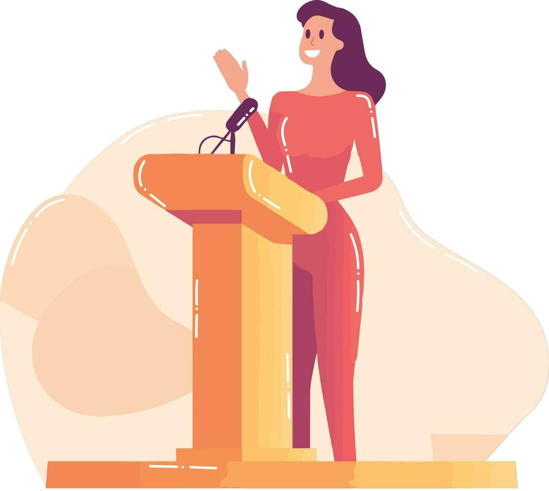 Hand Drawn Businesswoman speaking on the podium in flat style vector