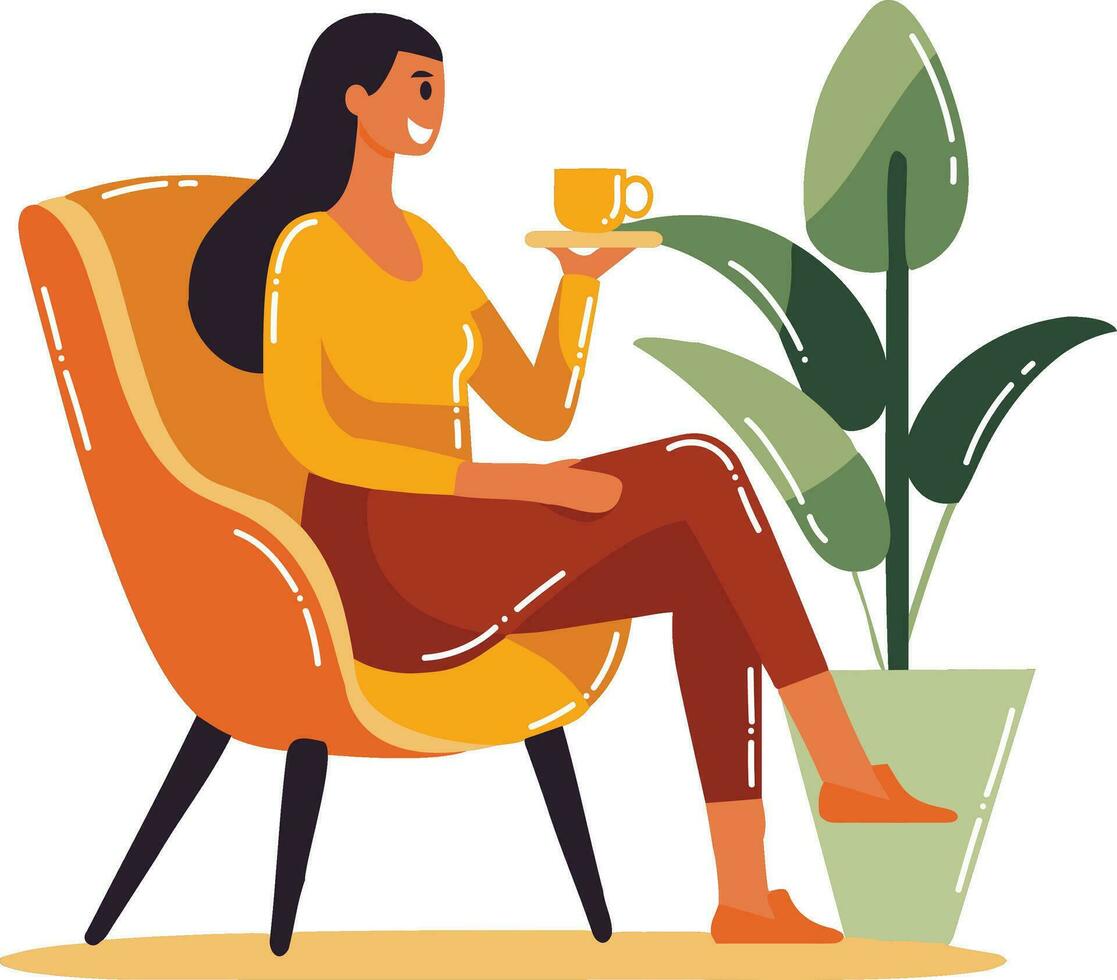 Hand Drawn woman character sitting and drinking coffee in flat style vector