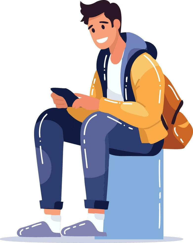 mano dibujado chico sentado en móvil teléfono en plano estilo vector