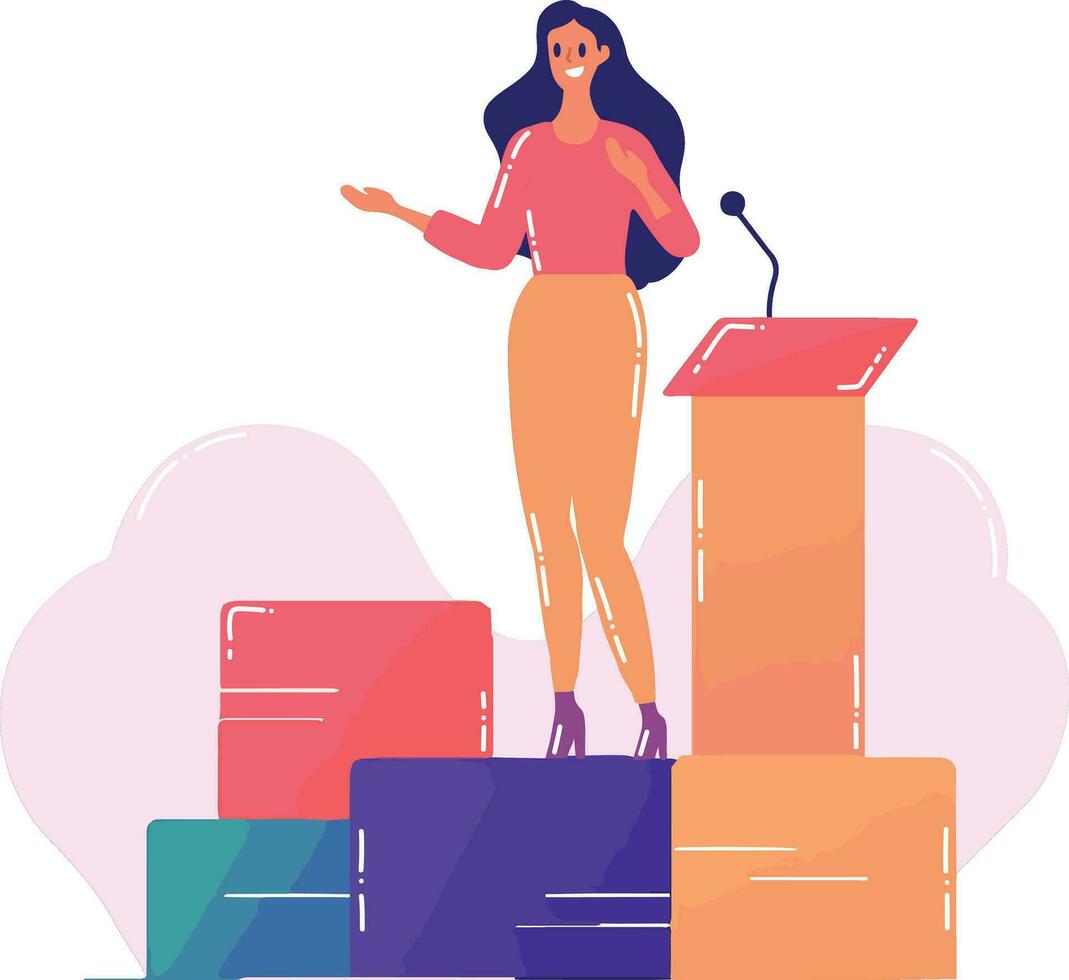 Hand Drawn Businesswoman speaking on the podium in flat style vector