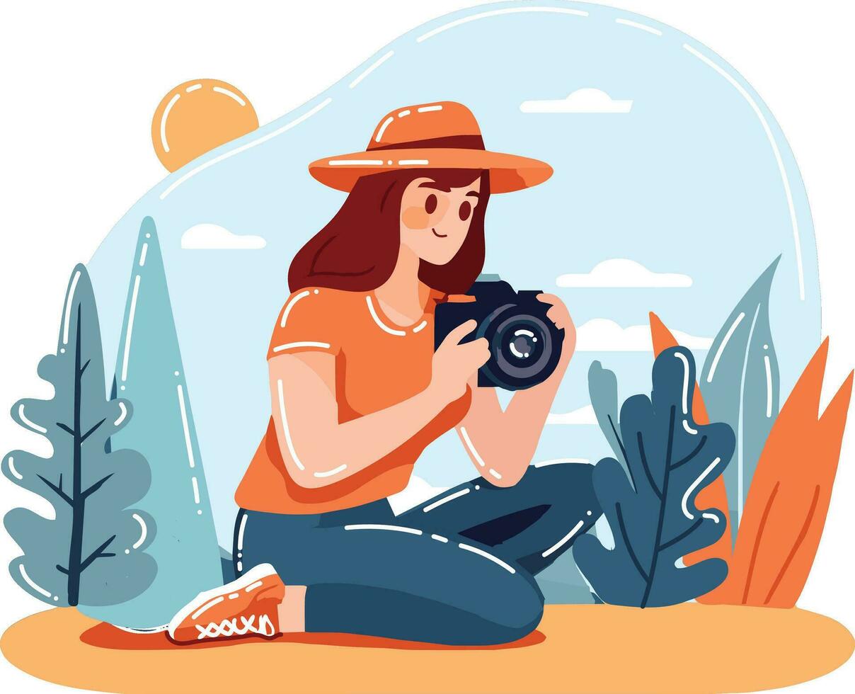 Hand Drawn Female cameraman with a camera in flat style vector