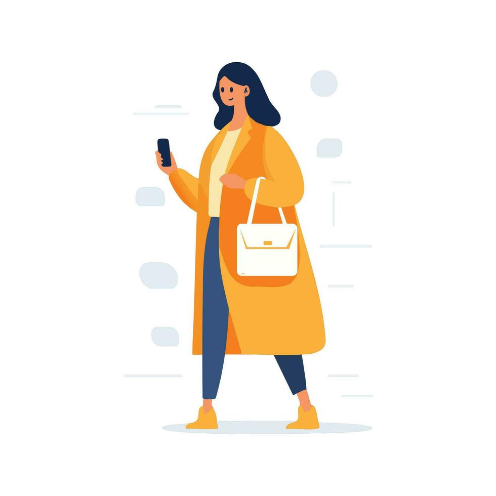 Hand Drawn woman walking with smartphone in flat style vector