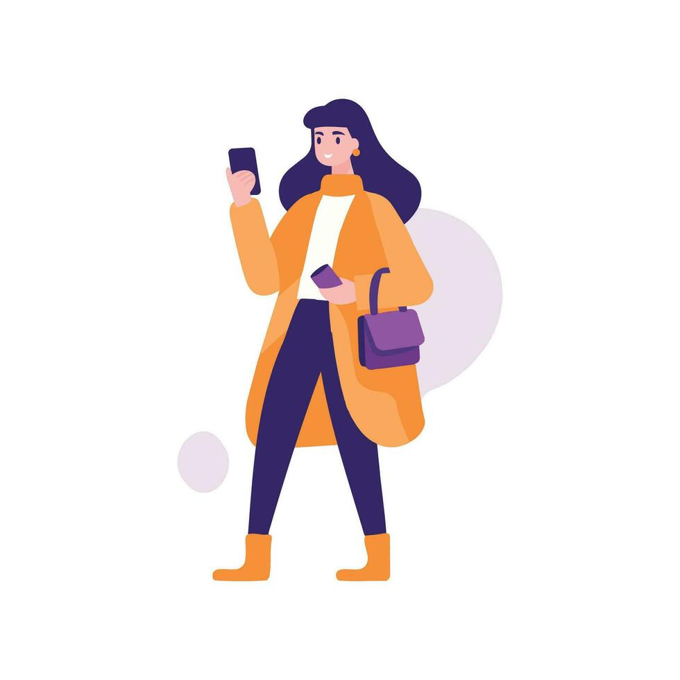 mano dibujado mujer caminando con teléfono inteligente en plano estilo vector