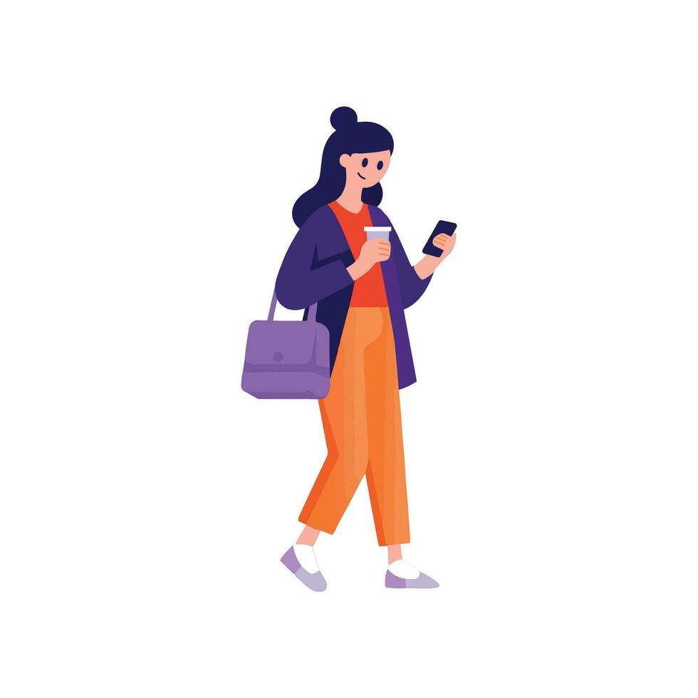 mano dibujado mujer caminando con teléfono inteligente en plano estilo vector