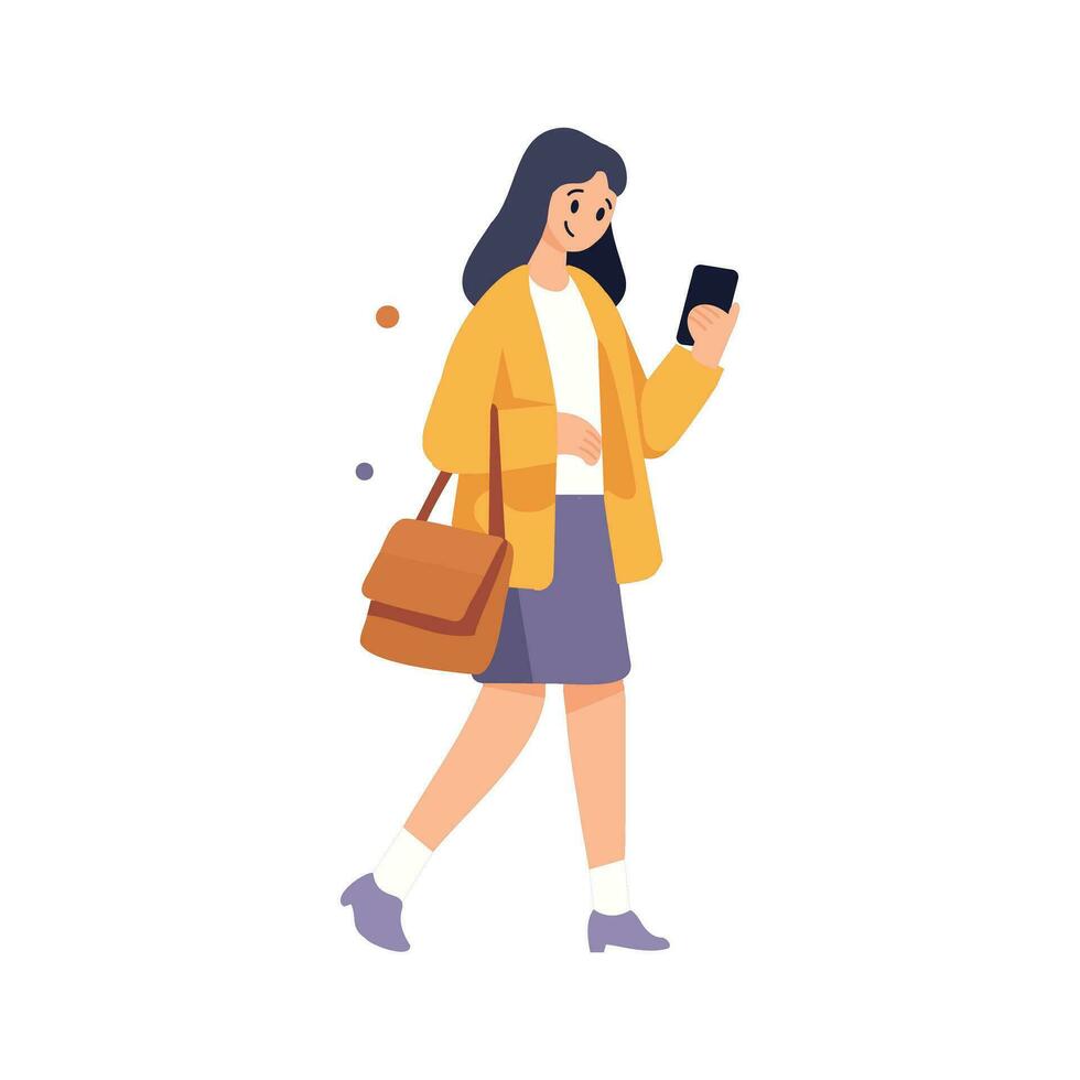 Hand Drawn woman walking with smartphone in flat style vector