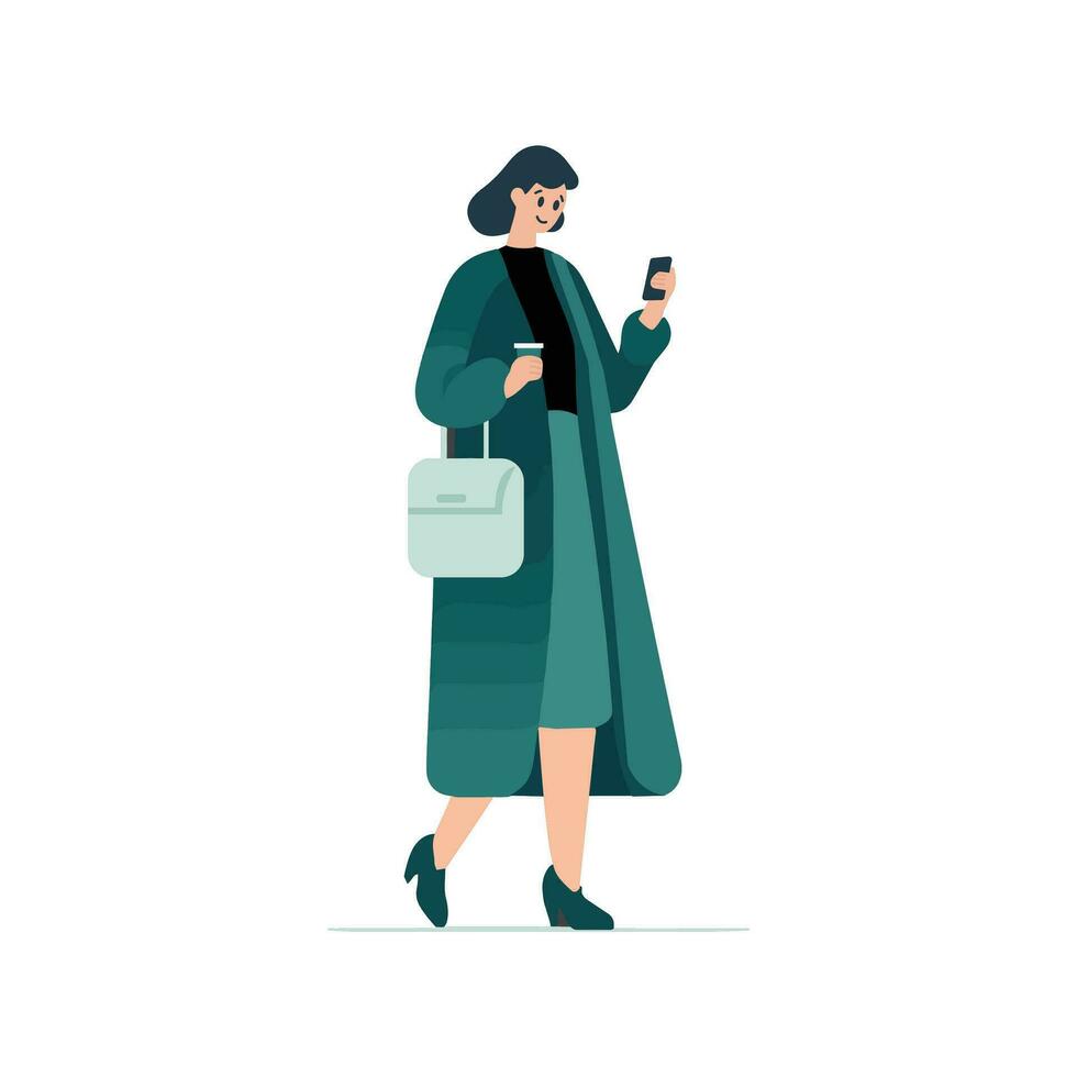 Hand Drawn woman walking with smartphone in flat style vector