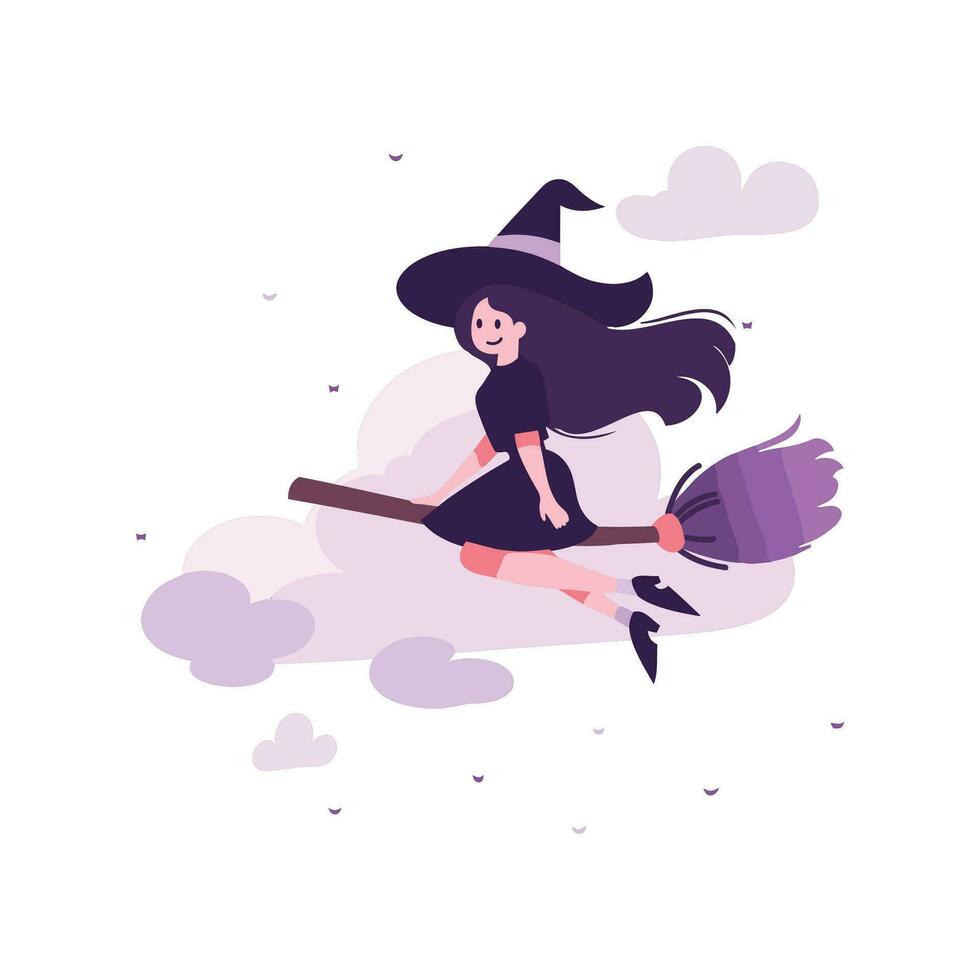 Hand Drawn a witch riding a broomstick in flat style vector