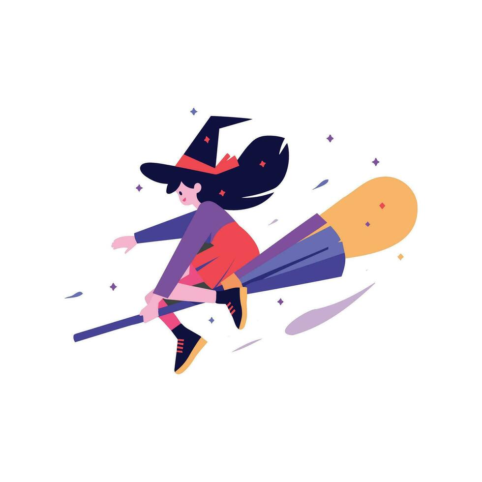 Hand Drawn a witch riding a broomstick in flat style vector