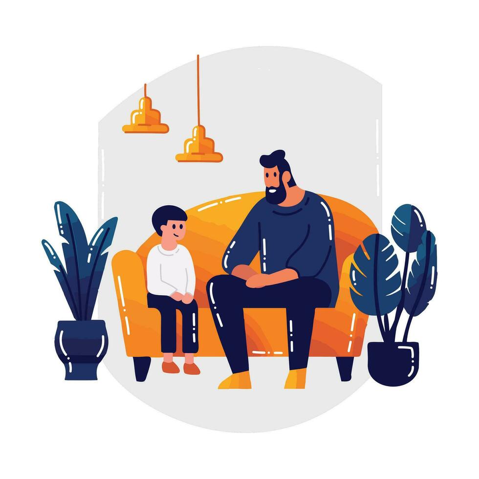 Hand Drawn father talking to son on the sofa in flat style vector