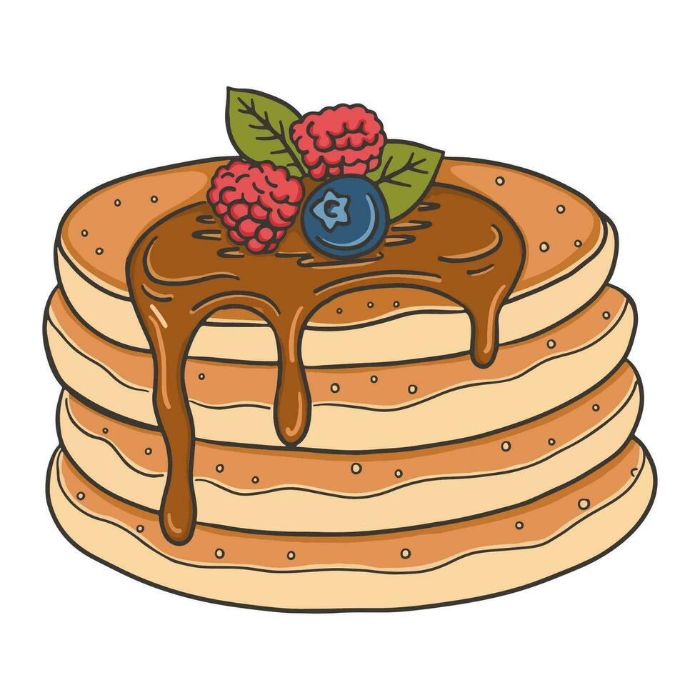 Pancake with syrup, blueberries and raspberries mint leaf. Breakfast concept. vector