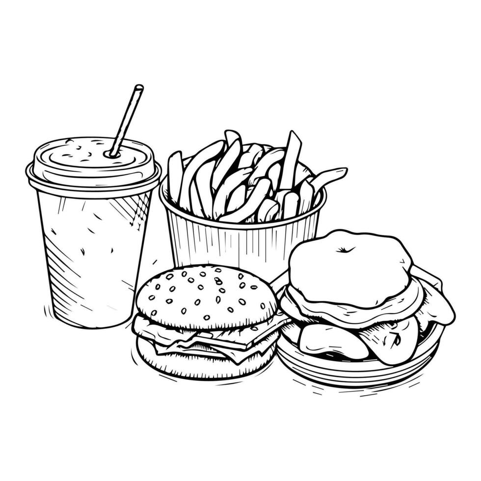 Hand Drawn fast food in doodle style vector