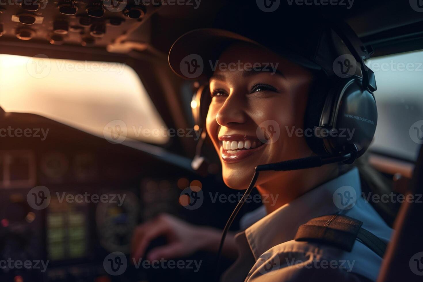 the cockpit of a plane with a happy woman pilot with photo