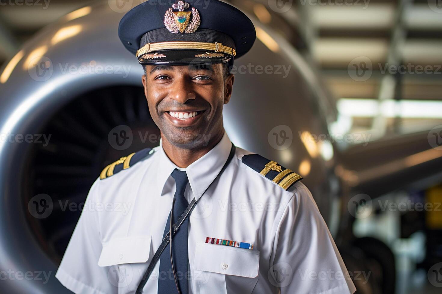 smiling male pilot standing in front of airplane with photo
