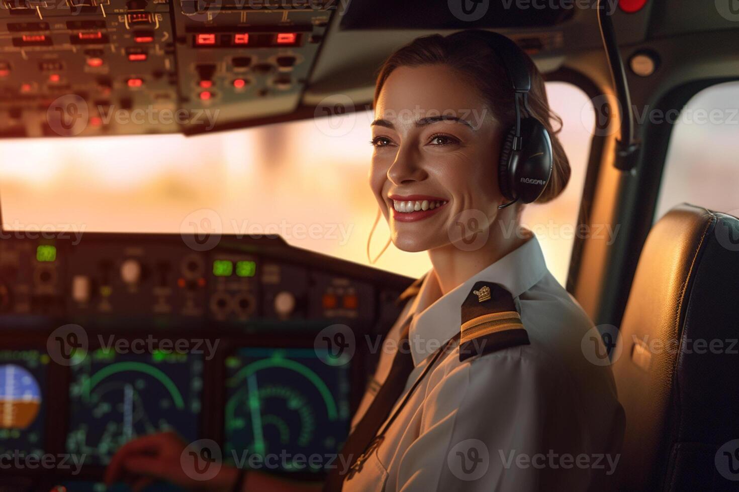 the cockpit of a plane with a happy woman pilot with photo