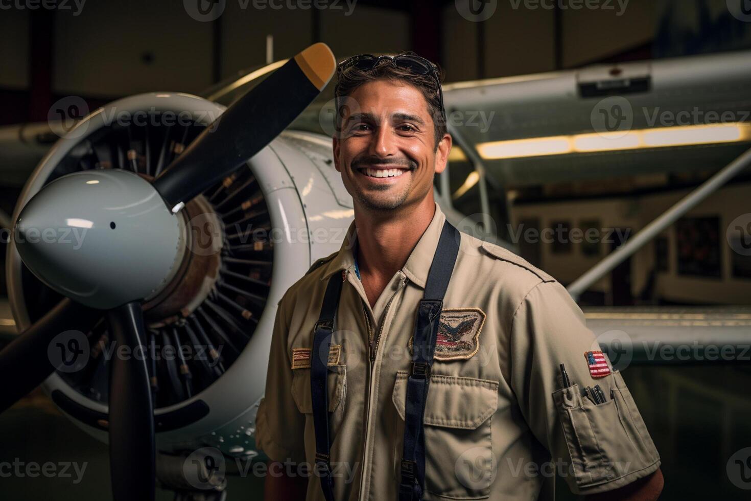 smiling male pilot standing in front of airplane with photo