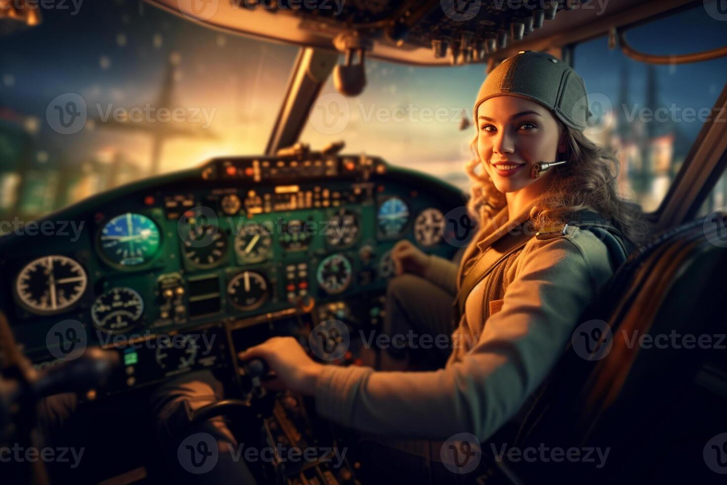 the cockpit of a plane with a happy woman pilot with photo