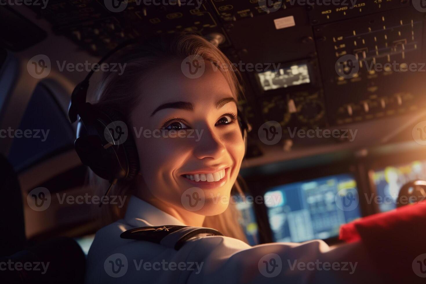 the cockpit of a plane with a happy woman pilot with photo