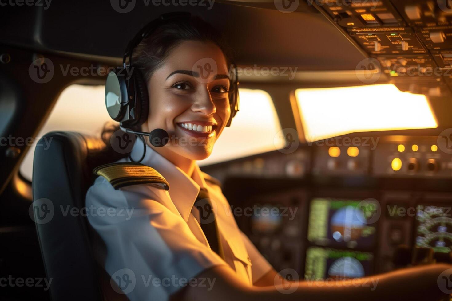 the cockpit of a plane with a happy woman pilot with photo