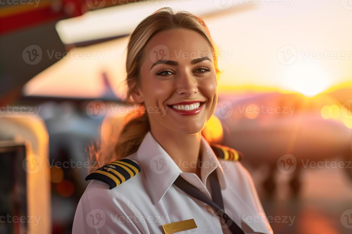 smiling female pilot standing in front of airplane with photo