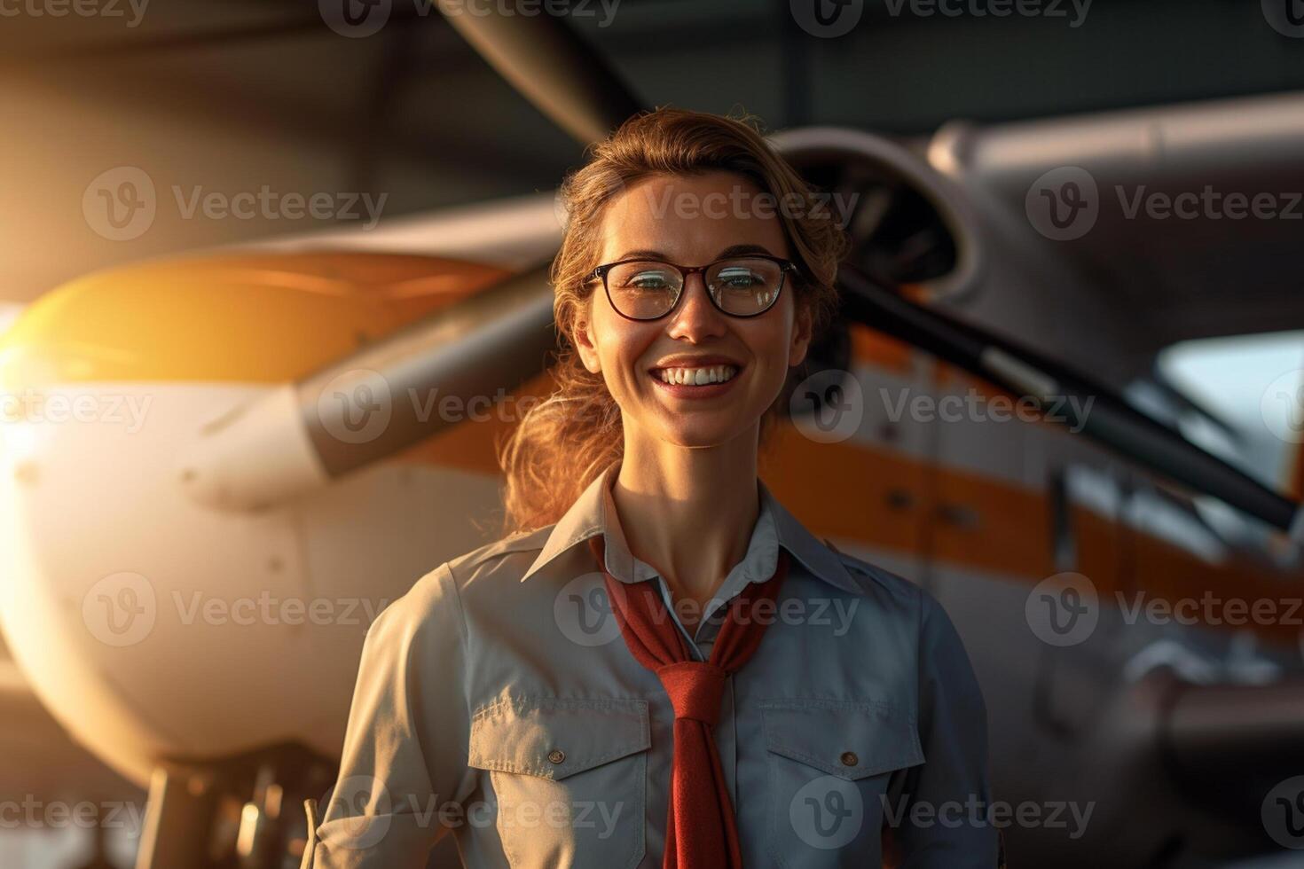 smiling female pilot standing in front of airplane with photo