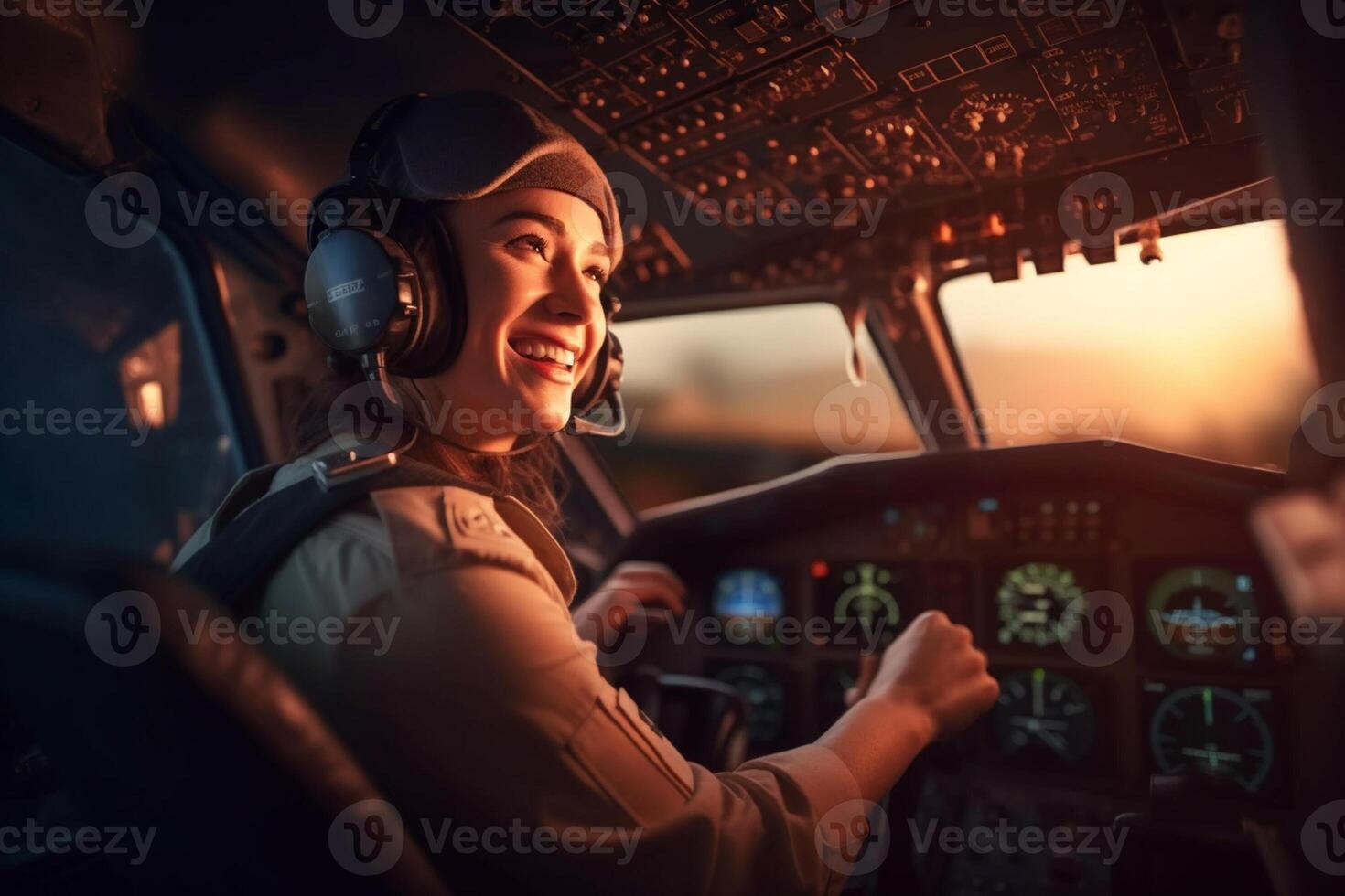 the cockpit of a plane with a happy woman pilot with photo