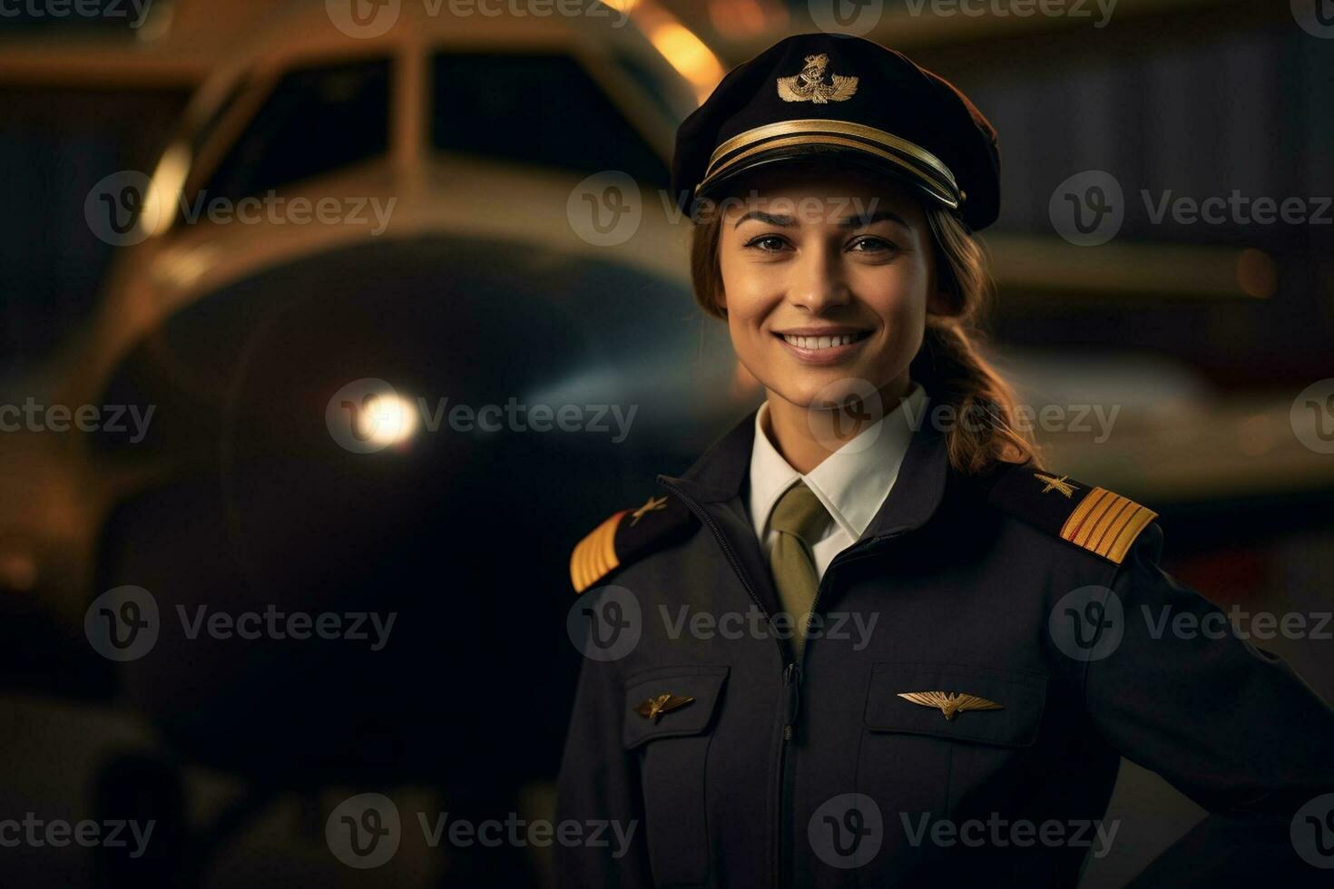 sonriente hembra piloto en pie en frente de avión con generativo ai foto