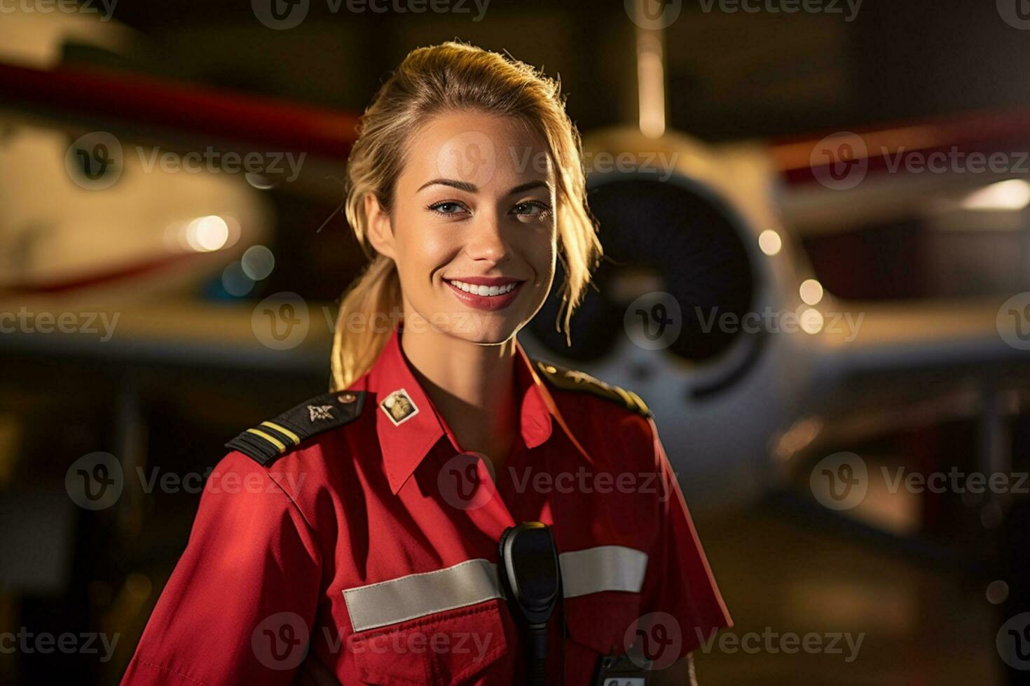 sonriente hembra piloto en pie en frente de avión con generativo ai foto