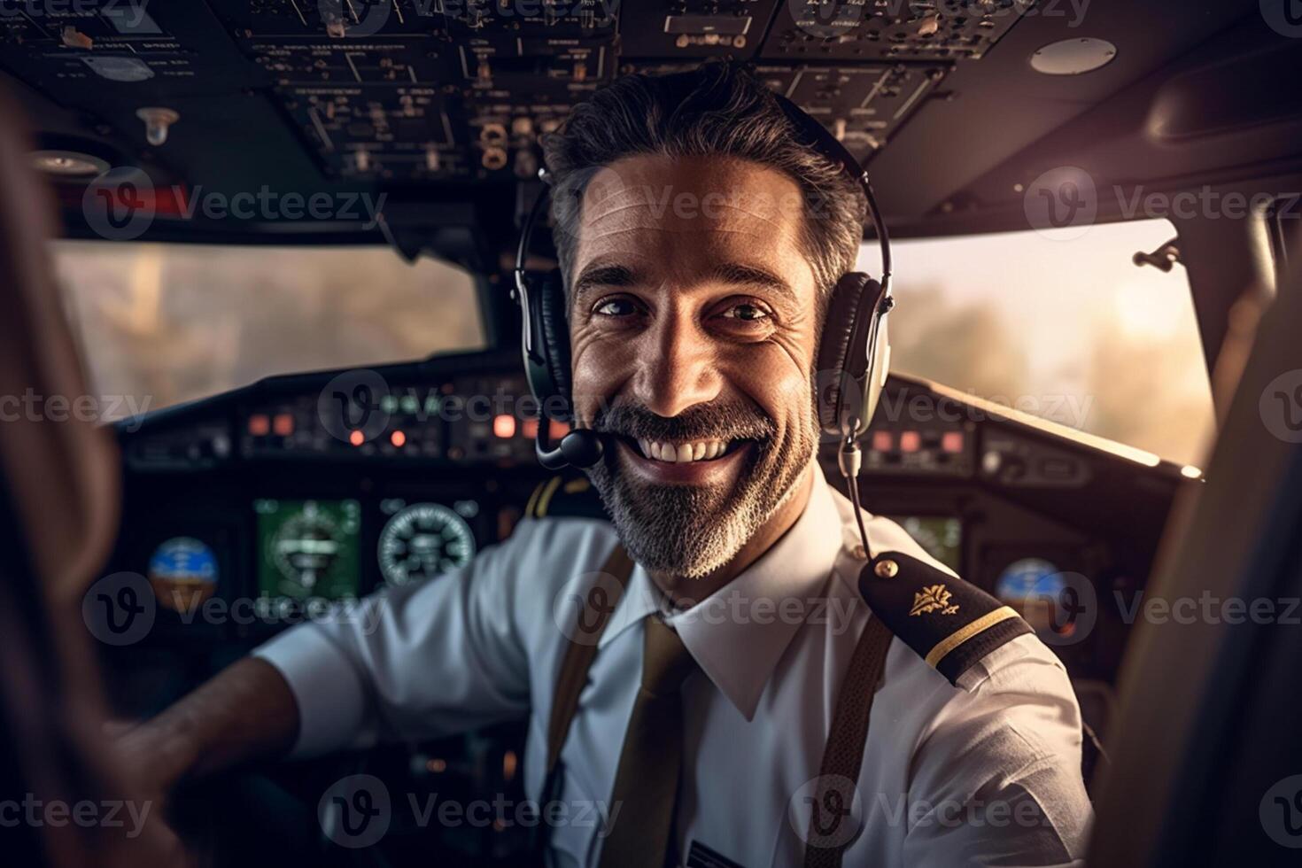 the cockpit of a plane with a happy man pilot with photo