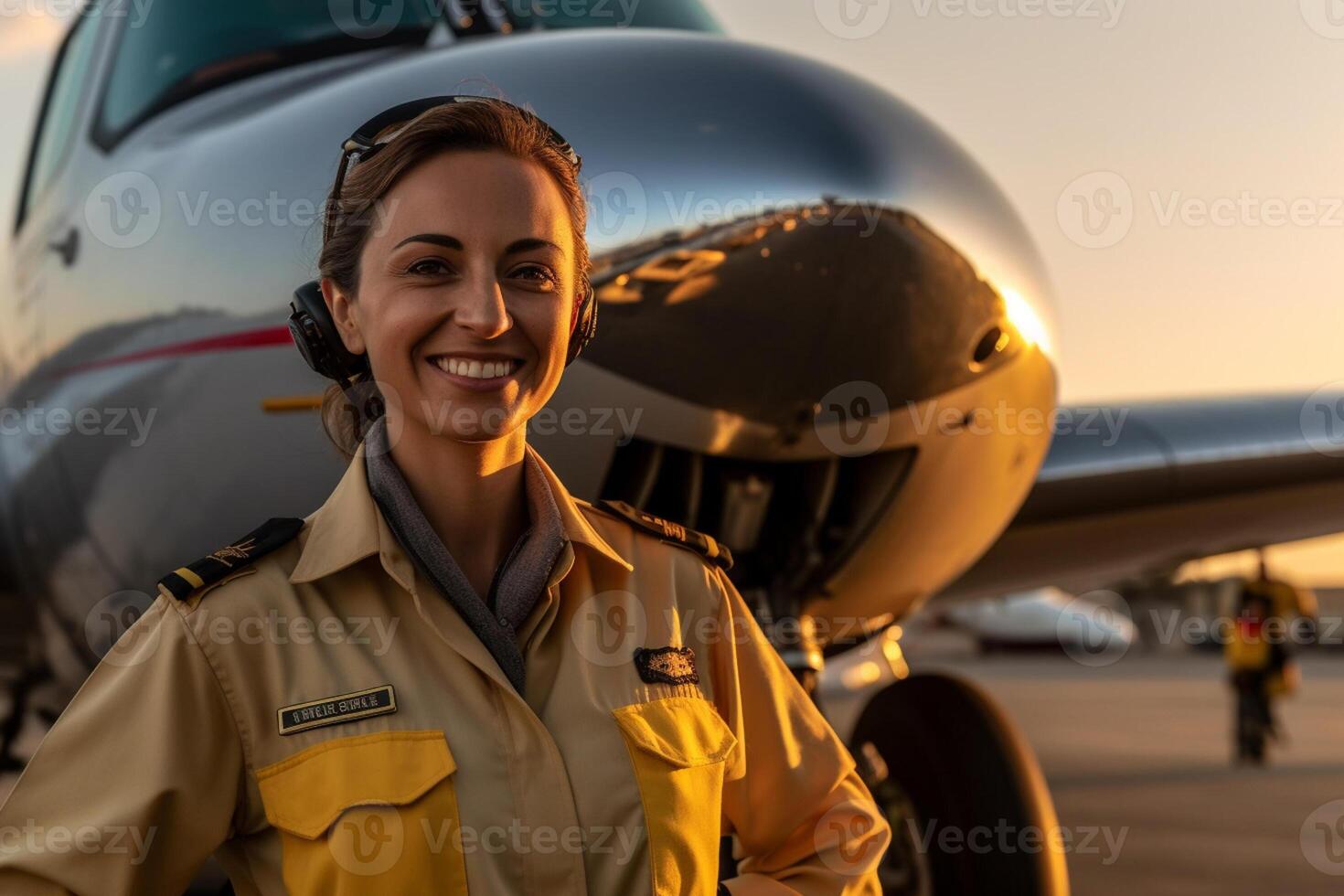 smiling female pilot standing in front of airplane with photo